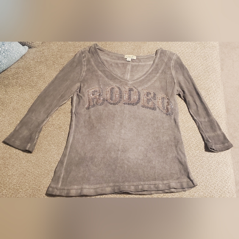 ONE WORLD Gray/brown Long Sleeve Top with Rodeo Design 17x19x23 Size M #0061